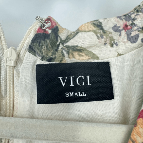 VICI Womens Floral Mini Dress Size S Puff Sleeves Bridal Shower Party Linen Boho - Picture 3 of 15